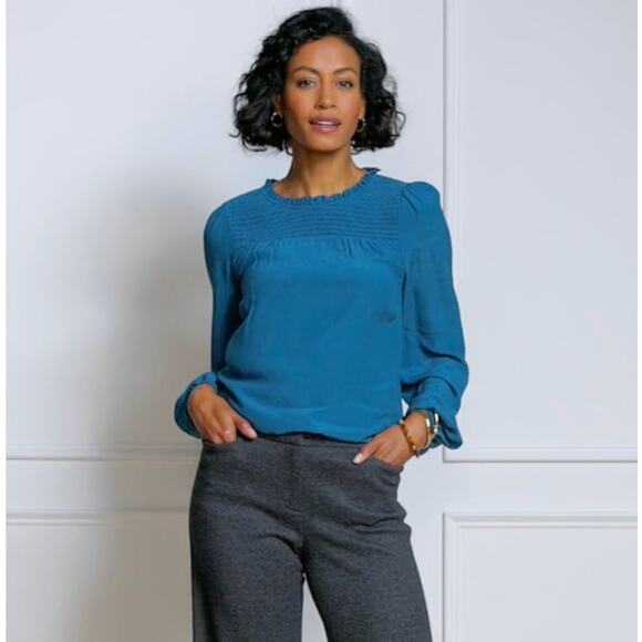 Talbots Tops - Talbots Smocked Blouse Blue Pullover Jewel Neck‎ Ruffle Long Sleeve Size Large